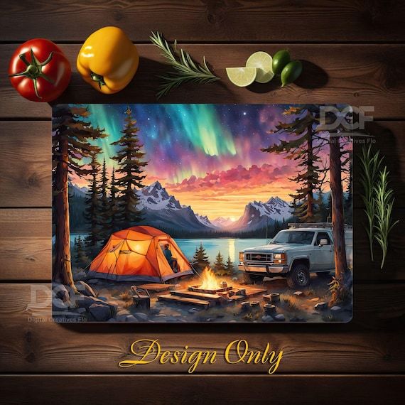 Camping Cutting Board Png, Camping Cuttingboard, Glass Cutting Board Sublimation, Cutting Board Sublimation Designs PNG, Aurora Borealis