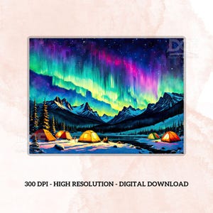 May include: A digital painting of a night sky with a vibrant aurora borealis display.  The aurora is green, purple, and pink.  There are several orange tents in the foreground, suggesting a camping scene.