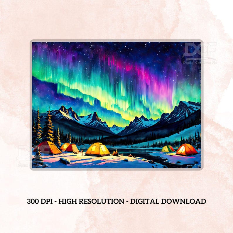 May include: A digital painting of a night sky with a vibrant aurora borealis display.  The aurora is green, purple, and pink.  There are several orange tents in the foreground, suggesting a camping scene.