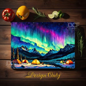 May include: A digital illustration of a mountain landscape with a vibrant aurora borealis in the sky.  There are several yellow tents set up in the foreground, suggesting a camping trip.