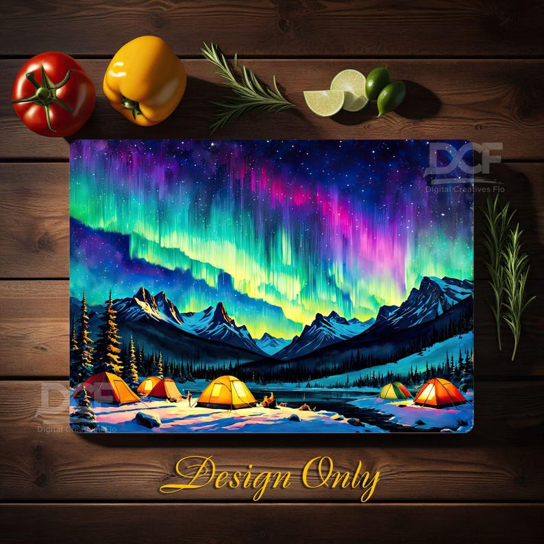 May include: A digital illustration of a mountain landscape with a vibrant aurora borealis in the sky.  There are several yellow tents set up in the foreground, suggesting a camping trip.