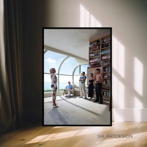 May include: A framed print depicting a group of people in a modern interior with a large window overlooking the sea. One person is wearing a patterned outfit. The room has a bookshelf and a neutral colour palette.