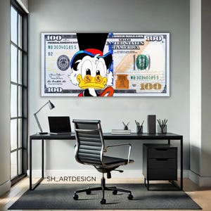 Painting Scrooge McDuck 100 Dollars White ,one hundred,Scrooge MCDUCK Art,premium canva,wall decor,pop,motivation, wall art,office decor