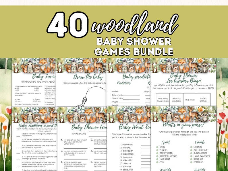 Woodland Baby Shower Games Bundle, Editable Woodland Animals Themed
