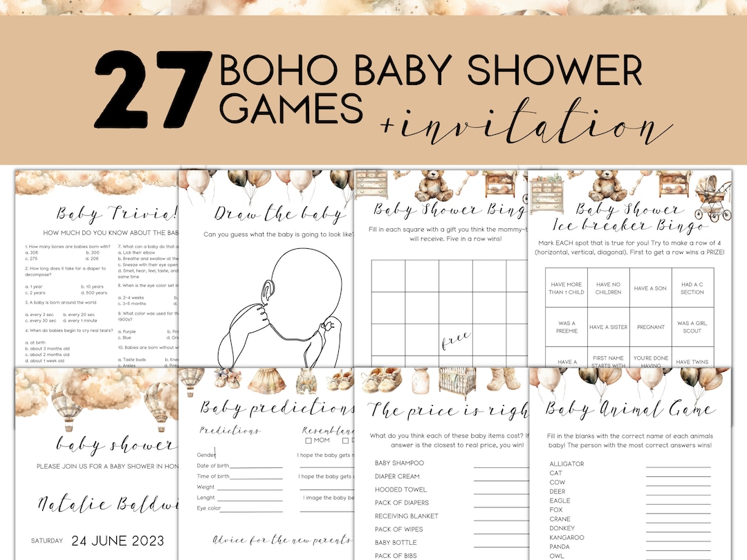 Boho Baby Shower Games Editable Template, Boho Themed Baby Shower