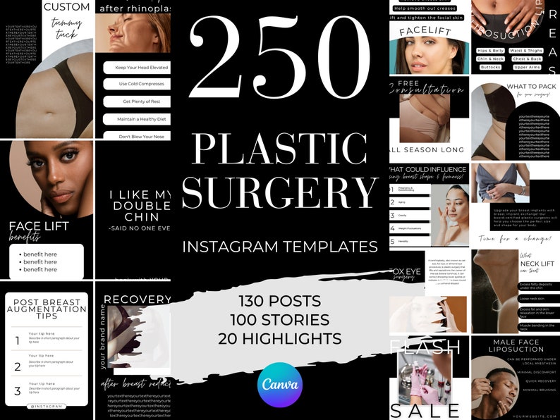 Plastic Surgery Template for Instagram, 250 BLACK & WHITE Plastic
