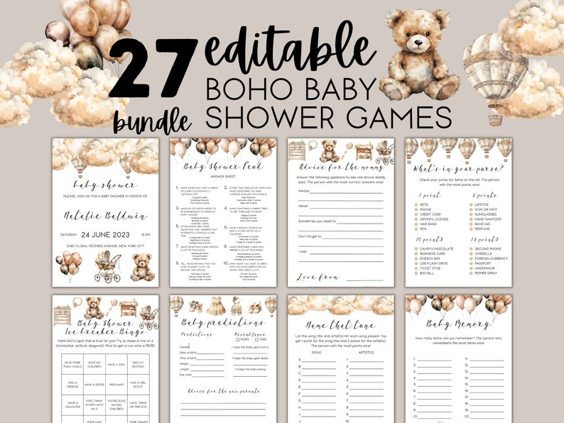 Boho Baby Shower Games Editable Template, Boho Themed Baby Shower ...