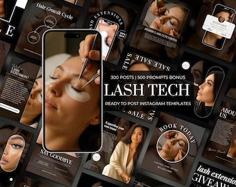May include: A promotional image for lash tech services. The central image shows a close-up of a person's eye during lash extension application. Surrounding images showcase various aspects of the business, including templates and promotional materials. Text includes "Lash Tech" and "Ready to Post Instagram Templates."