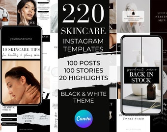 Skincare Instagram Templates, 220 BLACK & WHITE Skincare Business Canva Templates, Instagram Post And Stories Template