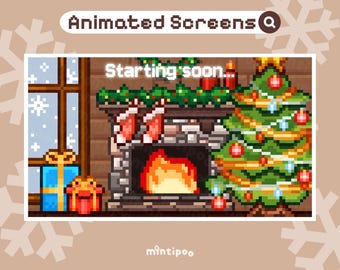 以下が含まれることがあります： ピクセルアートのクリスマスをテーマにしたアニメーション画面。暖炉、クリスマスツリー、テキスト「Starting soon...」が含まれています。ギフトボックスと雪の結晶が含まれており、ストリーミングに最適です。