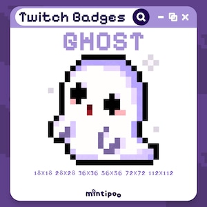 Könnte beinhalten: Pixel-Art-Geister-Abzeichen für Twitch mit dem Wort "GHOST" darüber. Der Geist hat schwarze Augen und einen roten Mund. Größenoptionen sind unten aufgeführt. Das Abzeichen befindet sich auf weißem Hintergrund mit lila Rahmen.