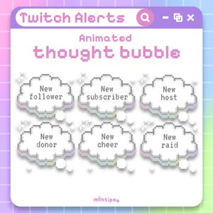 6 avvisi animati con nuvolette di pensiero in Pixel Art per Twitch