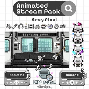 Animated Stream Package for Twitch GRAY PIXEL | Animated Screens, Alerts, Emotes | Panels, Badges | Music - Pixel art - Cat - y2k - Train