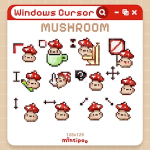 Könnte beinhalten: Eine Sammlung von Pixel-Art-Pilz-Cursorn in verschiedenen Stilen. Die Cursor zeigen einen Pilz mit rotem Hut und beigem Stiel. Das Bild enthält den Text "MUSHROOM" und "Windows Cursor". Das Bild ist 128x128 Pixel groß.