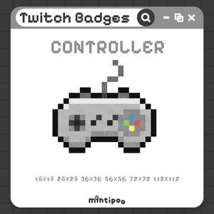 May include: Pixelated grey controller graphic with the word "CONTROLLER" above it. The image includes various size options, such as 18x18 and 28x28 pixels. The text "Twitch Badges" is at the top.