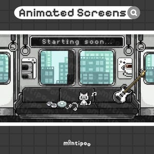 Animated Screens for Twitch, Start, BrB, End, Offline | train - aesthetic - metro - vintage - subway - music - cat - pixel art - city - town