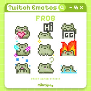 Pack mit 9 Animierten Frosch Emotes in Pixel Art für Twitch