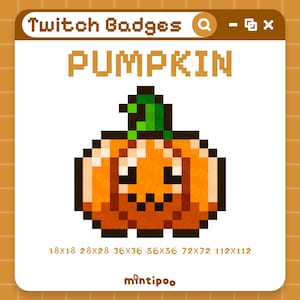 May include: Pixelated orange pumpkin badge with green stem, labeled "PUMPKIN." Sizes include 18x18, 28x28, 36x36, 56x56, 72x72, and 112x112 pixels. The badge is for Twitch, with the "mintipoo" logo at the bottom.