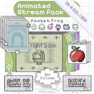 Pacchetto Twitch con sovrapposizioni di flusso di pixel art animati Pocket Frog Tema Froggotchi