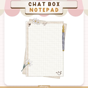 May include: A notepad with a grid pattern, featuring the text "CHAT BOX NOTEPAD". The design includes daisy illustrations, a pen, and a small cartoon character. The notepad is designed with a cute and whimsical aesthetic.