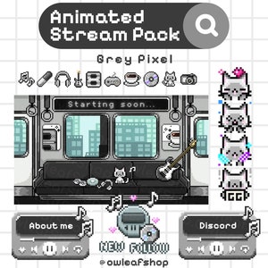 Geanimeerd streampakket voor Twitch GRAY PIXEL | Geanimeerde schermen, waarschuwingen, emoties | Panelen, Badges | Muziek - Pixel art - Kat - y2k - Trein