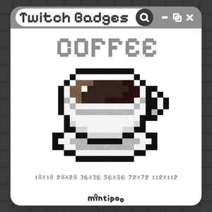 Peut inclure: Badge de tasse à café en pixel art avec le mot "COFFEE" au-dessus. Le badge est blanc avec un remplissage de café marron et un contour noir. Le badge est disponible en plusieurs tailles, dont 18x18, 28x28, 36x36, 56x56, 72x72 et 112x112 pixels.