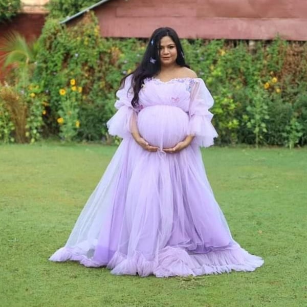 Tulle Ruffle Sleeves Dress | Tulle Photoshoot Gown | Maternity Shoot Dress | Lavender Maternity Dress | Tulle Flowy Dress |Long Sleeves Gown