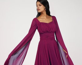 Burgundy Long Sleeves Dress | Cape Sleeves Dress | Bridesmaid Dress | Chiffon Gown Long Dress | Custom Flowy Dress | Extra Flared Maxi Gown