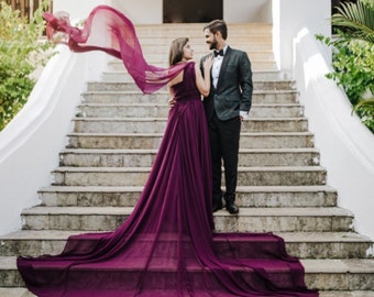 Flying Train Dress | Ruched Photoshoot Long Train Gown | Photo Shoot Dress | Engagement Flowy Dress | Santorini Photoshoot Dress| Prewedding