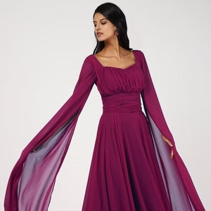 Burgundy Long Sleeves Dress | Cape Sleeves Dress | Bridesmaid Dress | Chiffon Gown Long Dress | Custom Flowy Dress | Extra Flared Maxi Gown