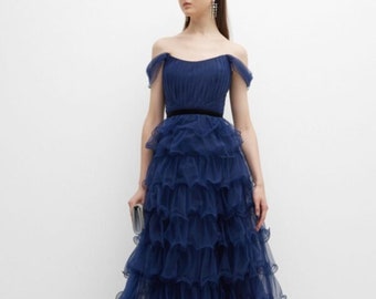 Navy Tulle Gown Dress | Tulle Tiered Gown | Ruffle Tulle Gown | Prom Tulle Dress | Tulle Corset Dress | Ruffled Up Dress | Formal Gown Dress