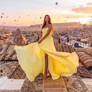Corset Tube Long Flying Dress | Photo Shoot Yellow Dress | Flowy Chiffon Gown | Santorini Flying Photoshoot Dress | Bridesmaid Dress | Prom