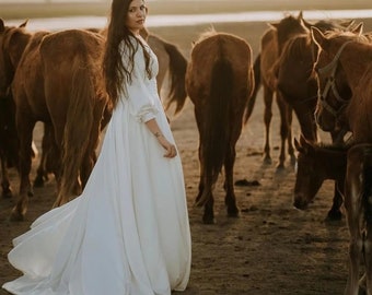 White Long Sleeves Photoshoot Gown | Flying Satin Dress | Flowy Satin Photoshoot Gown | Long Flying Dress | Santorini Satin Long Train Gown