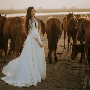 White Long Sleeves Photoshoot Gown | Flying Satin Dress | Flowy Satin Photoshoot Gown | Long Flying Dress | Santorini Satin Long Train Gown
