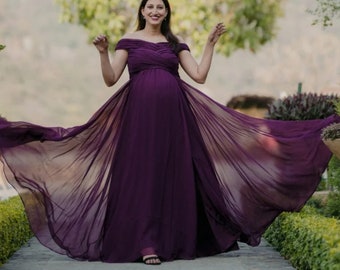 Maternity Photoshoot Dress | Photoshoot Ruched Gown | Flowy Long Dress | Flying Dress for Photoshoot | Babyshower Flowy Dress