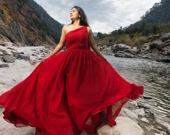 Red Long Train Photoshoot Dress | Flying Dress for Photoshoot | Flowy Dress for Photoshoot | Custom Photoshoot Long Train Dress | Santorini