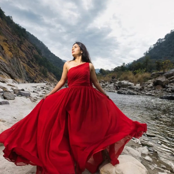 Red Long Train Photoshoot Dress | Flying Dress for Photoshoot | Flowy Dress for Photoshoot | Custom Photoshoot Long Train Dress | Santorini