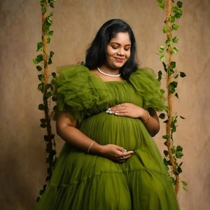 Olive Tulle Maternity Gown For Photoshoot-Baby Shower Dress-Gender Reveal Dress-Maternity Props-Maternity Dress-See Through Maternity Dress
