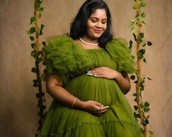 Olive Tüll Umstandskleid für Fotoshooting-Baby-Dusche-Kleid-Gender Reveal Kleid-Mutterschaft Requisiten-Umstandskleid-Durchsichtig Mutterschaft Kleid zu sehen