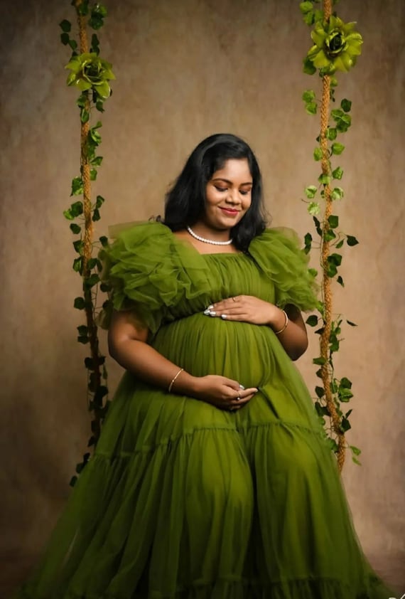 Olive Tulle Maternity Gown For Photoshoot-Baby Shower Dress-Gender Reveal Dress-Maternity Props-Maternity Dress-See Through Maternity Dress