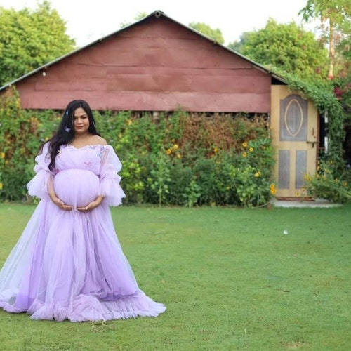 purple tulle maternity dress Momyknows Purple Grenadine Tulle Off Shoulder Ruffle Flare Sleeve Baby Shower Photoshoot Maternity Dress, Purple / S