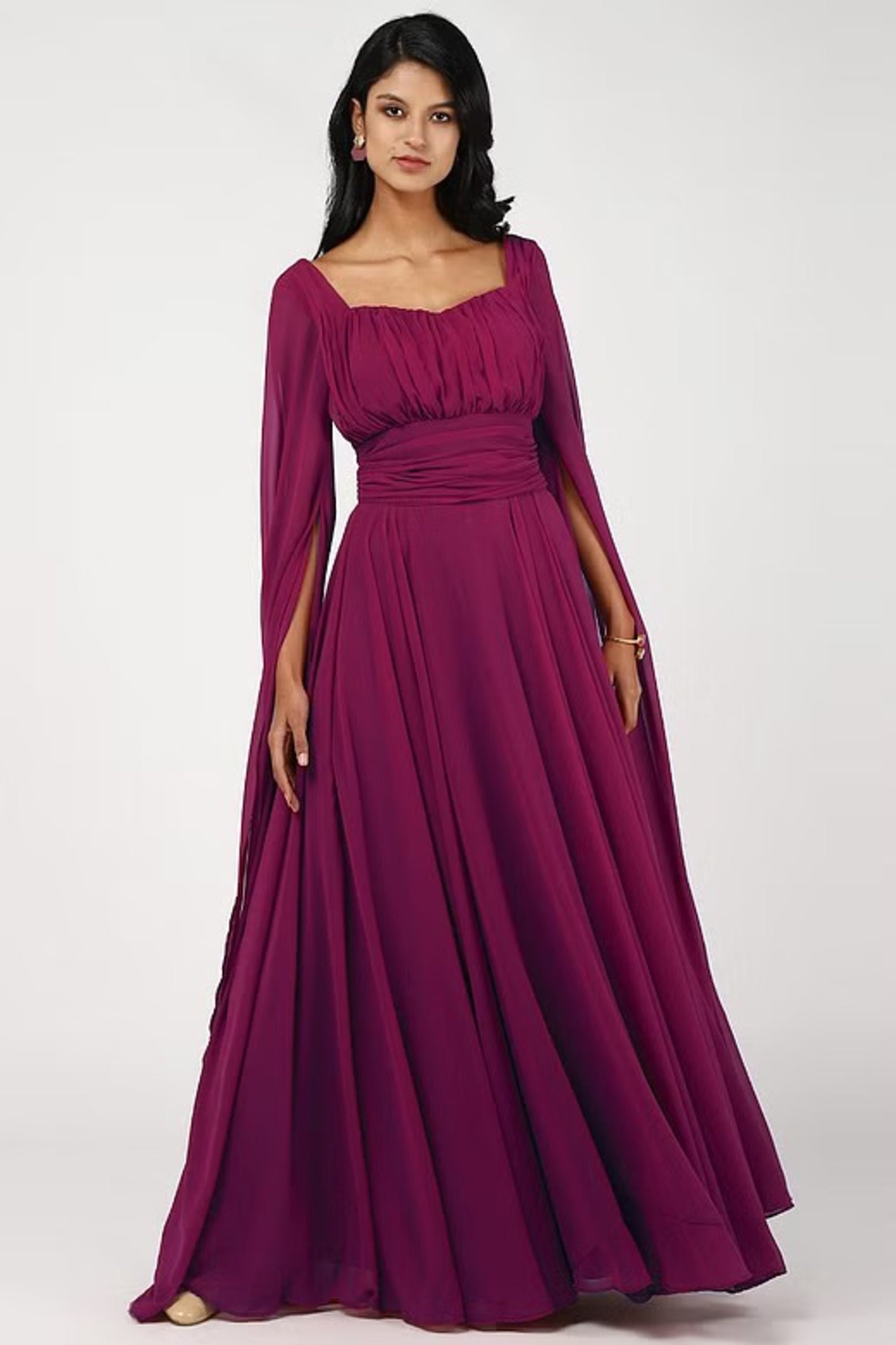 Olessia | Burgundy Belted Gathered Cape-Sleeve Maxi Dress