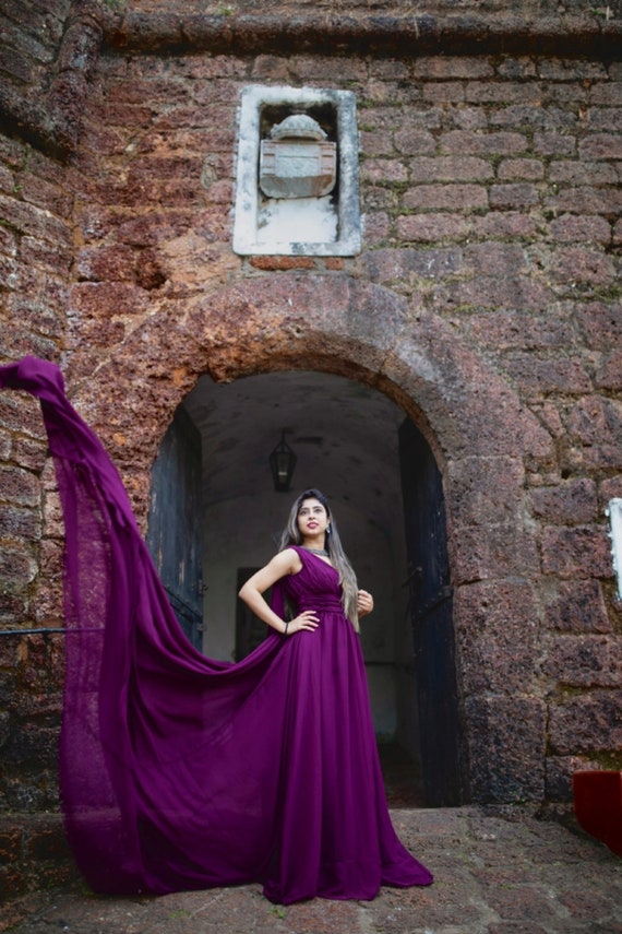 Georgette Flying Dress | Ruched Long Train Gown, Photoshoot Dress Georgette Flying Dress | Ruched Long Train Gown, Photoshoot Dress