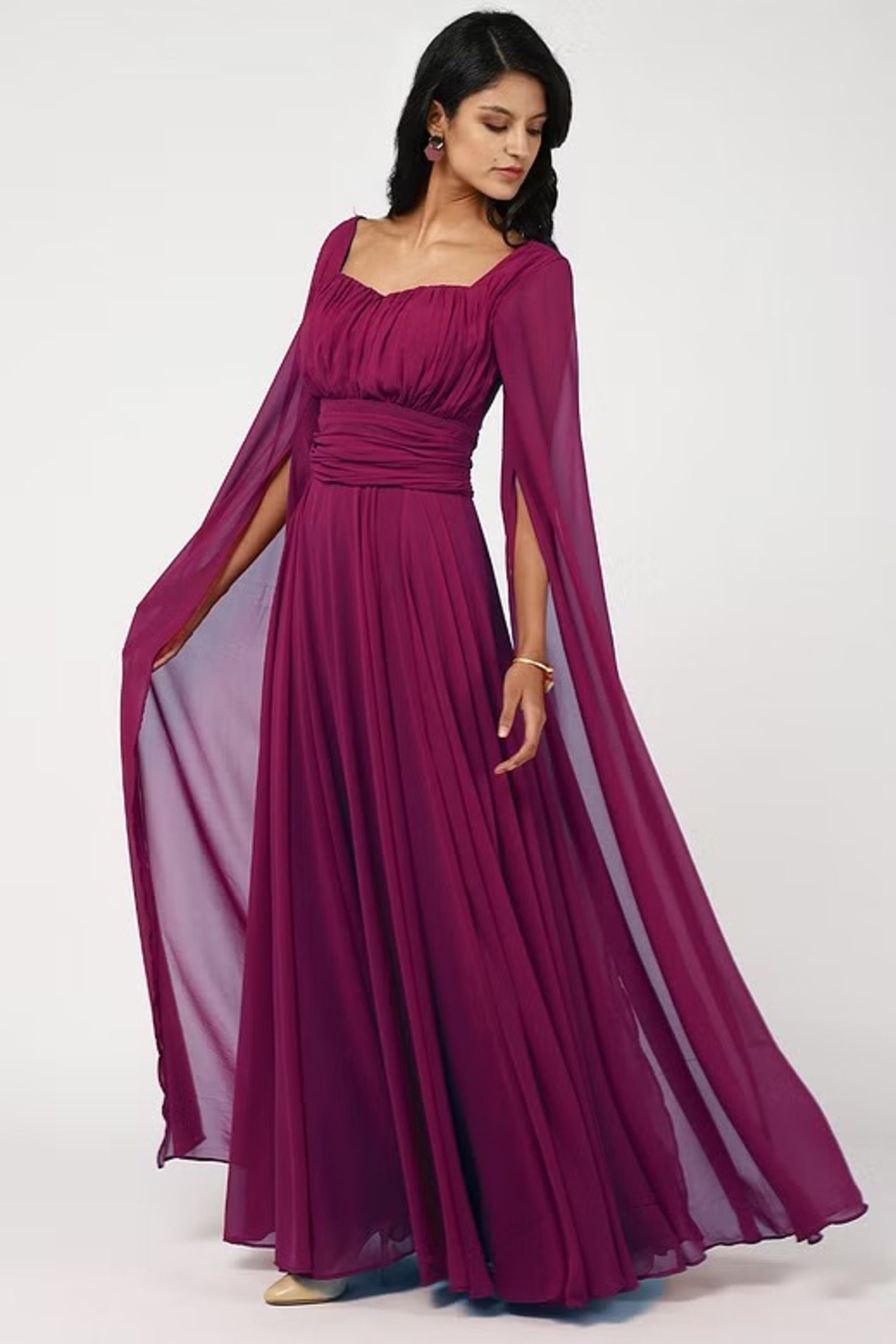 Olessia | Burgundy Belted Gathered Cape-Sleeve Maxi Dress