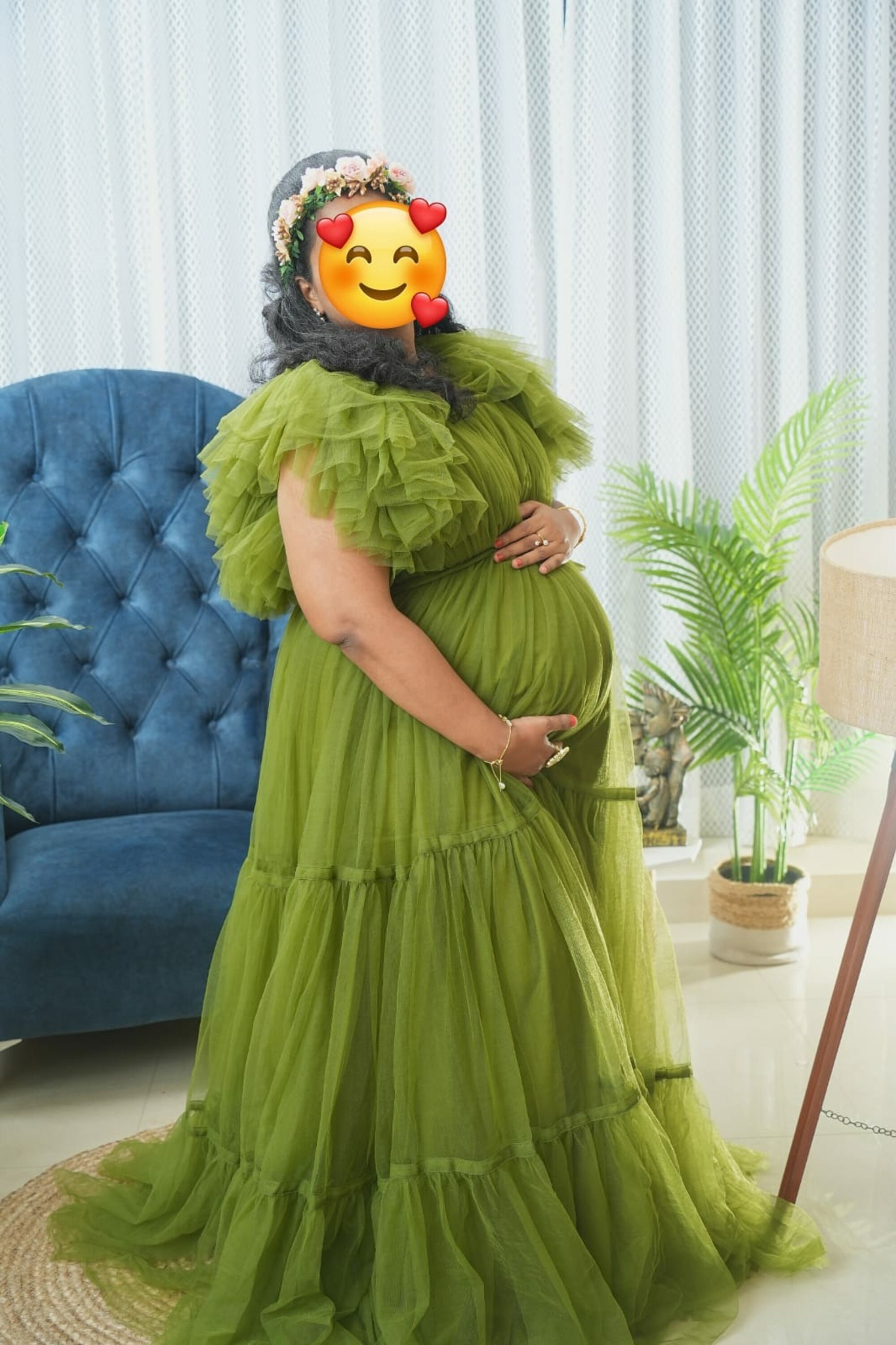 Olive Tulle Maternity Gown For Photoshoot-Baby Shower Dress-Gender Reveal Dress-Maternity Props-Maternity Dress-See Through Maternity Dress
