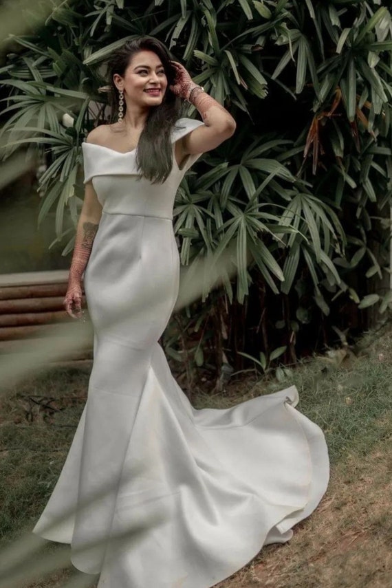 tea length bridesmaid dresses vintage Satin Lace Mermaid Off-the-shoulder Wedding Dresses, Wedding Gowns, MW754