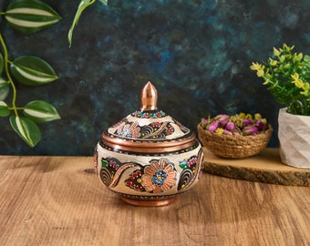 Koperen suikerpot, koperen kom met deksel, koperen snoepkom, traditionele Turkse koperen suikerpot, koperen Delight Bowl, keuken Home Decor