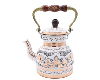 Bule de cobre, chaleira de fogão, bule de cobre, bule de chá floral feito à mão, máquina de chá, bule de cobre turco, chaleira de chá