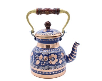 Bule de cobre, chaleira de fogão, bule de cobre, chaleira de cobre azul, máquina de chá, bule de cobre turco
