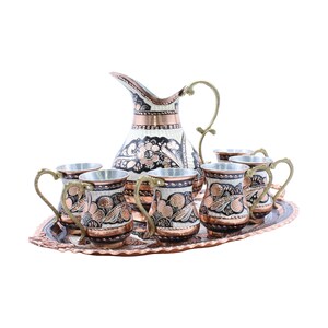 Copper Jug Pitcher with 6 Glass Drinkware Copper Tumbler Glass Mug Set, Copper Tray, Copper Jug, Handmade Copper Ayran Beverage Serving Set